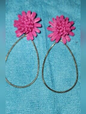 Pink Flower Drop Hoop Earrings